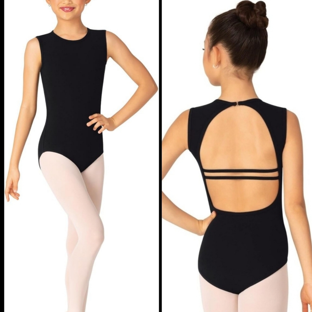 New Theatricals Cotton Dual Strap Open Back Tank Leotard Dance Ballet Black
